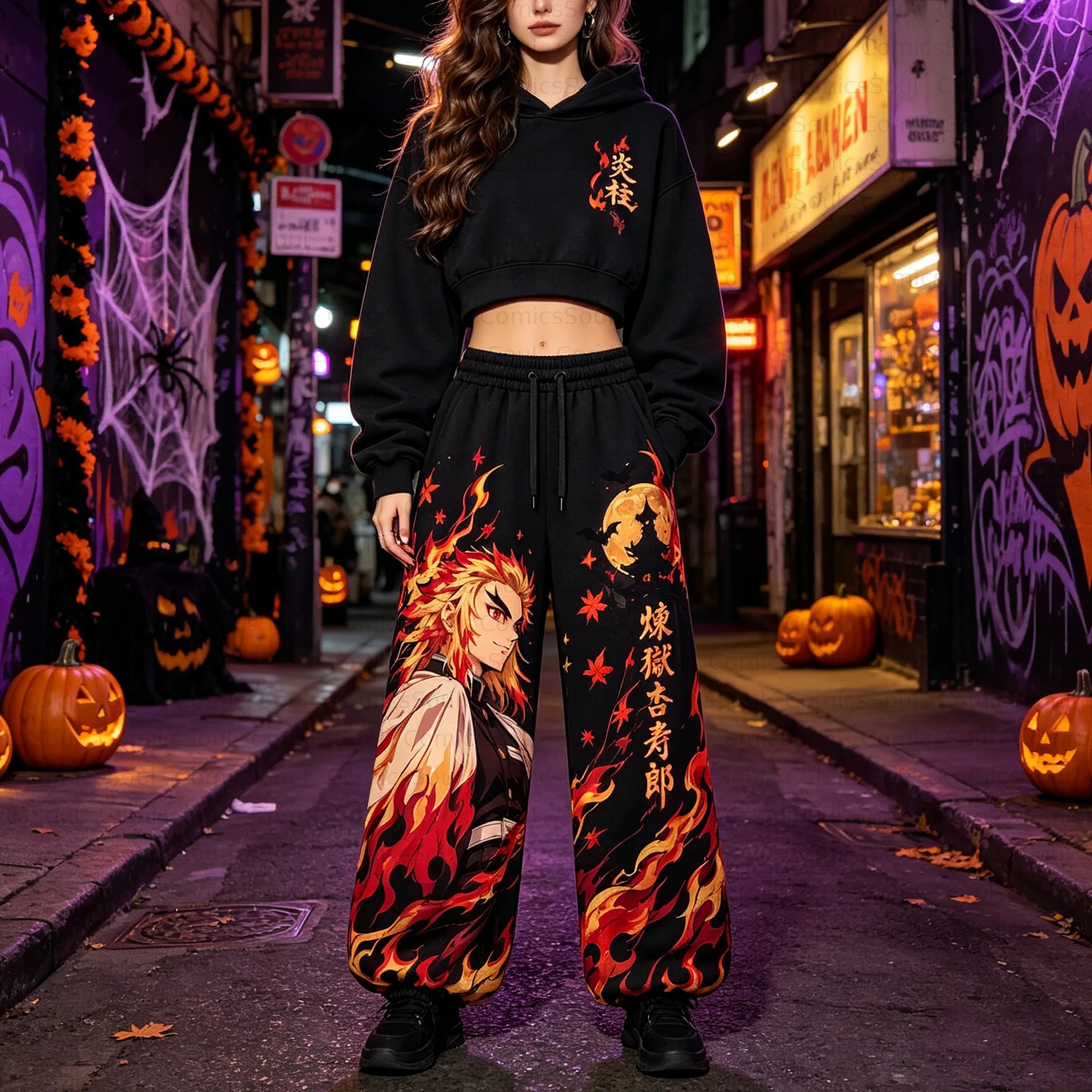 Demon Slayer Cropped Long Sleeve Hoodie & High Waist Jogger Pants Two Piece TeeThreads Sustain the Scene with Custom Apparel