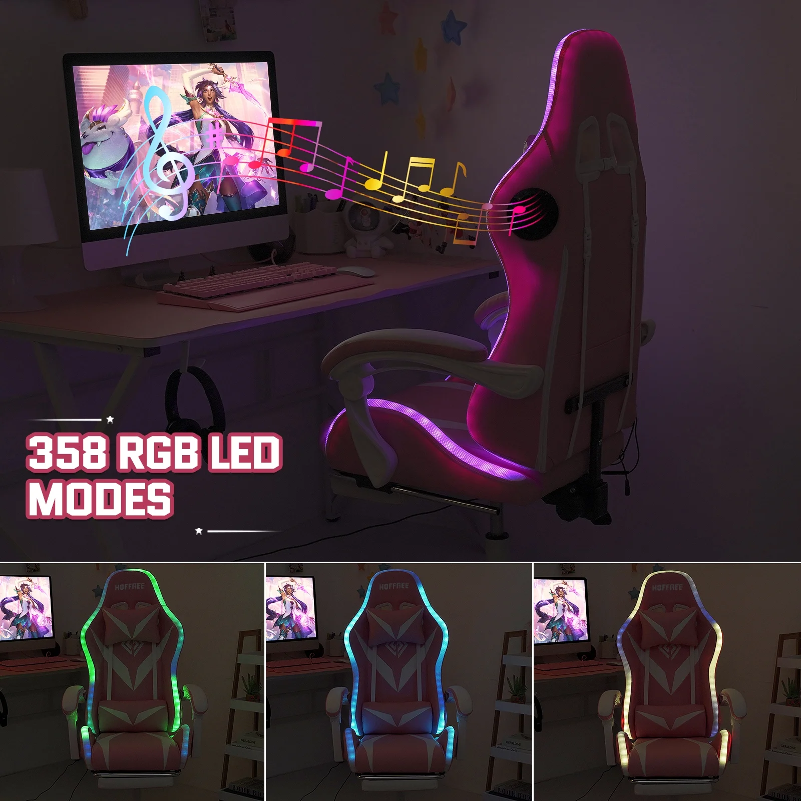 Hoffree Gaming Chair with Speakers PU Leather Office Chair with Footrest and LED Lights Ergonomic Gamer Chair with Massage Lumbar Support and Headrest Adjustable Swivel for Home Office 300lb - Image 74