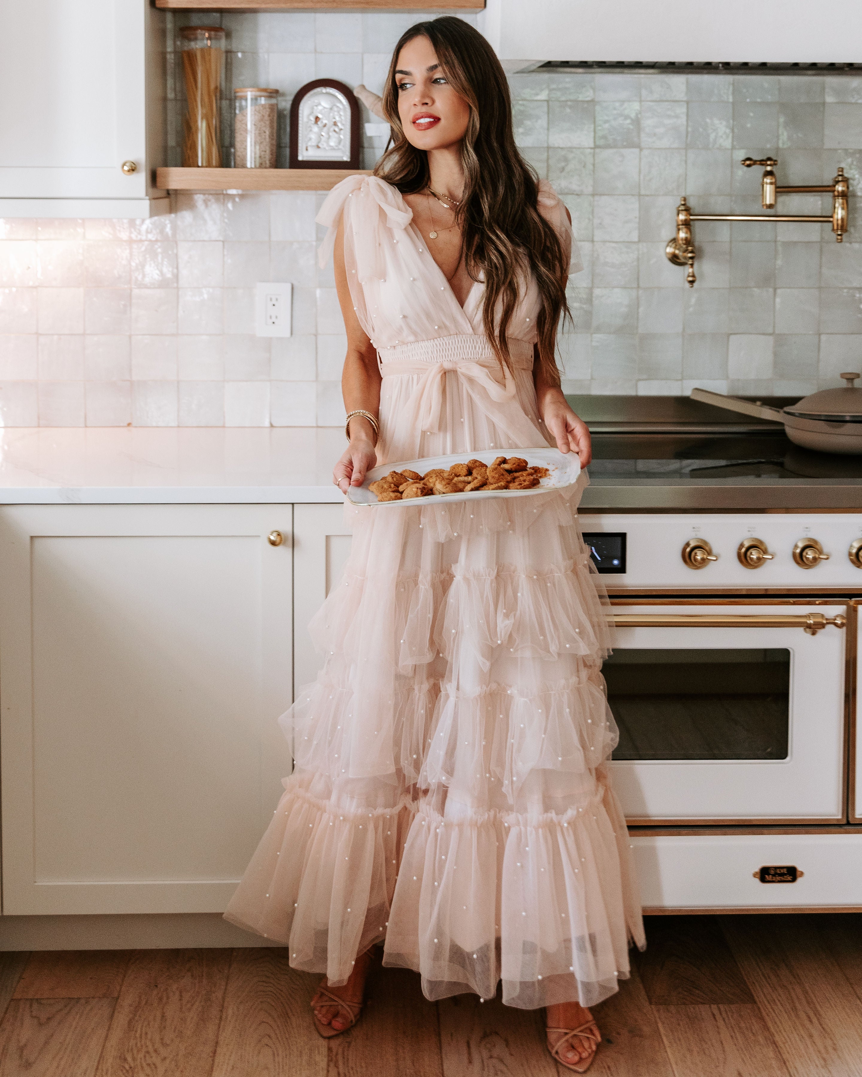 Under The Eiffel Tower Tulle Pearl Tiered Maxi Dress - Blush - Se7enfashion