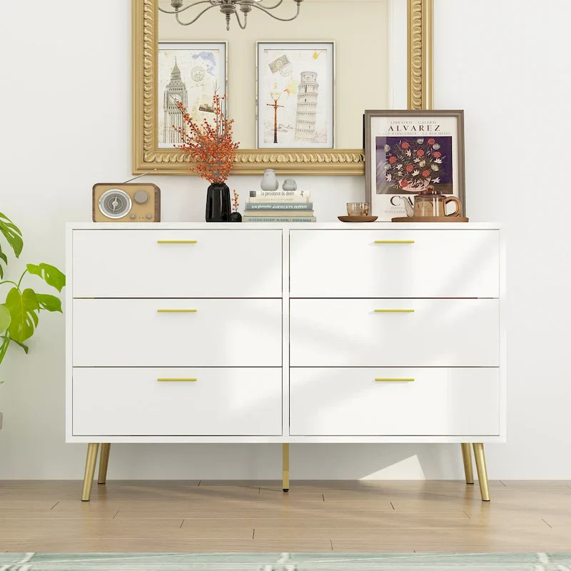 Elegant 6-Drawer Double Dresser with Gold Accents for Stylish Bedroom Storage