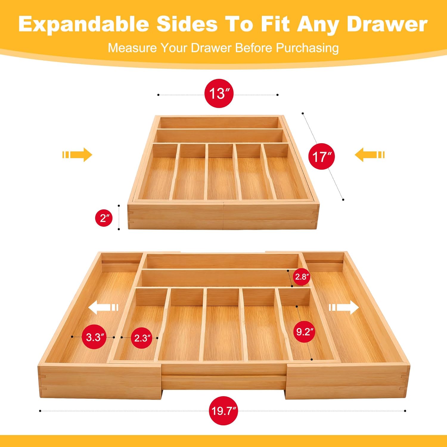 Large Premium Bamboo Silverware Organizer - Expandable Drawer Organizer & Utensil Organizer - 17