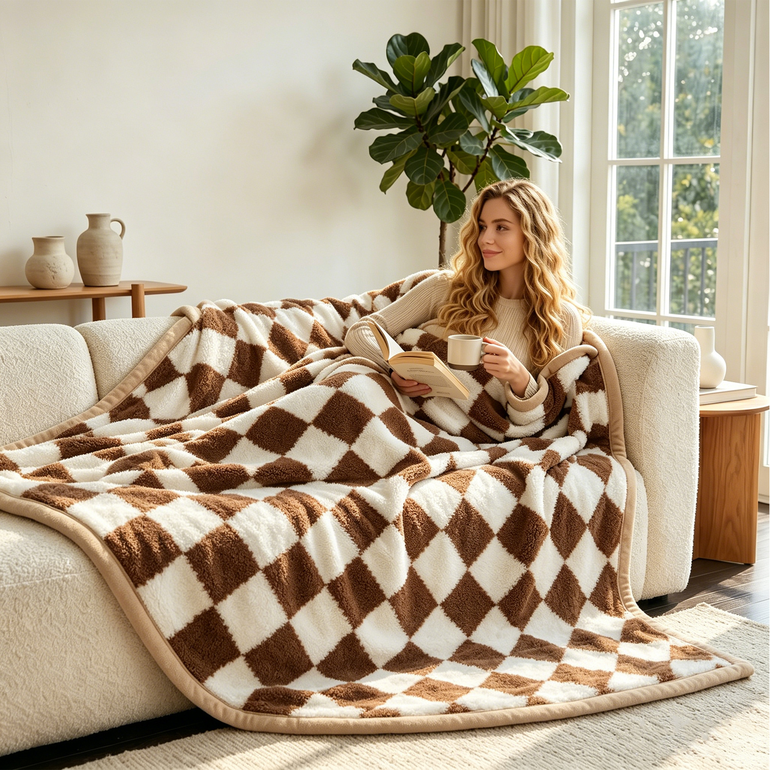 Double Layer Flannel Blanket Checkered Print Thick Warm for Hotel Home