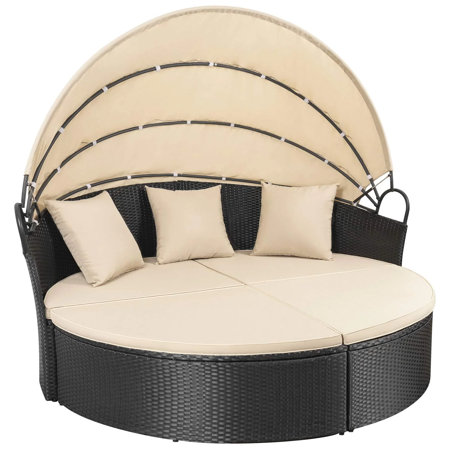Lacoo Outdoor Patio Round Daybed with Retractable Canopy Wicker Furniture Sectional Seating with Washable Cushions for Patio Backyard Porch Pool Daybed Separated Seating (Beige) - Image 2