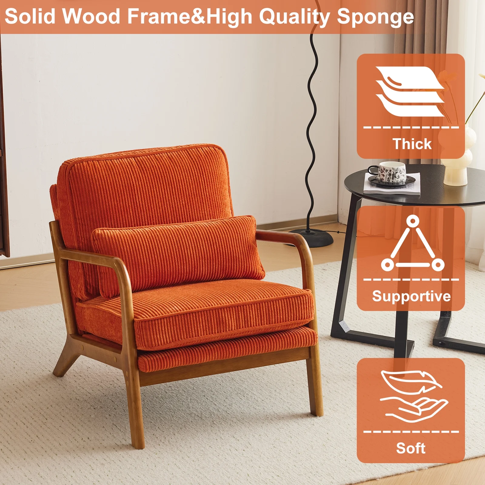 Ktaxon Accent Chair Corduroy Upholstered Armchair, Reading Club Chair with Pillow and Solid Wood Frame for Living Room Bedroom Furniture Off White - Image 27