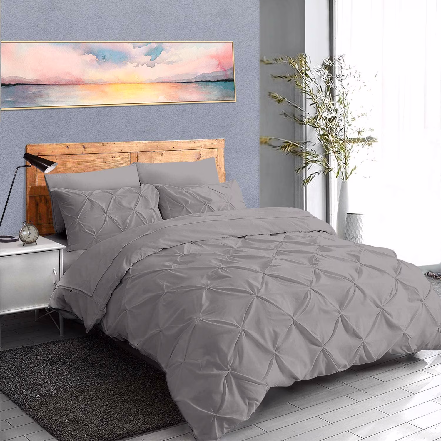 Pinch Pleated 1 - Piece Duvet Cover 100% Egyptian Cotton 800 Thread Count with Zipper Corner Ties Pintuck Decorative Duvet Cover - Queen/Full Size (90" x 90") Inch, Silver(1 Piece - Full/Queen (90"x90")/Burgundy)
