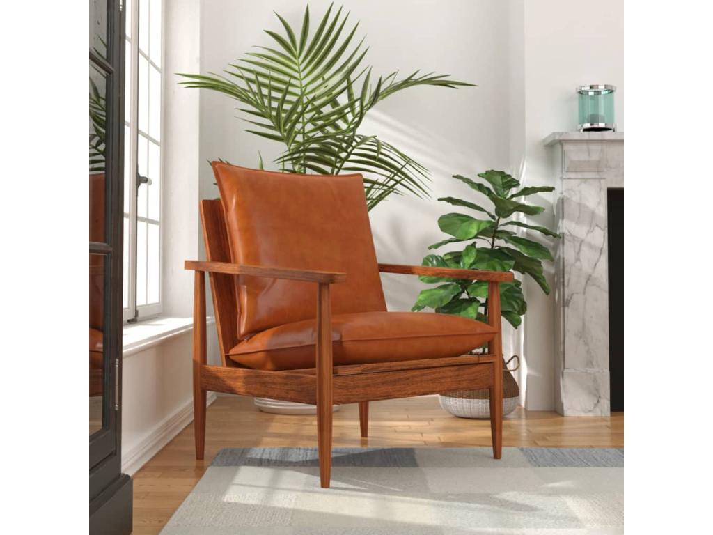 Sillón de cuero auténtico marrón con madera de acacia