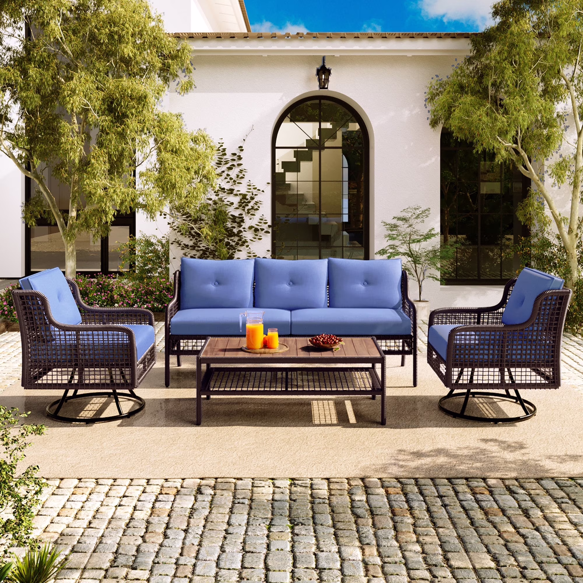 8 Pieces Outdoor Wicker Round Furniture Set, All Weather Half-Moon Sectional Patio Sofa Sets with Rectangular Coffee Table, Beige - Image 7