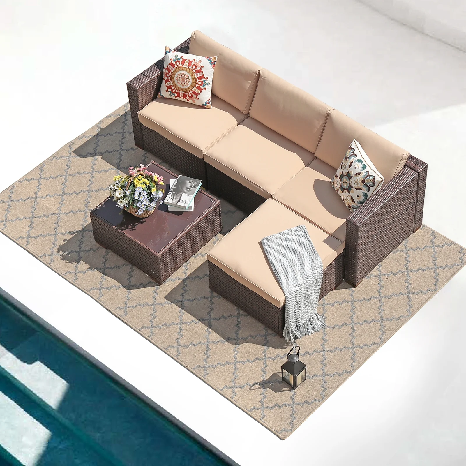 Patiorama 5-Piece Patio Furniture Set, Outdoor Sectional Conversation Set, All-Weather Grey PE Wicker with Light Grey Cushions, Backyard Porch Garden - Image 13
