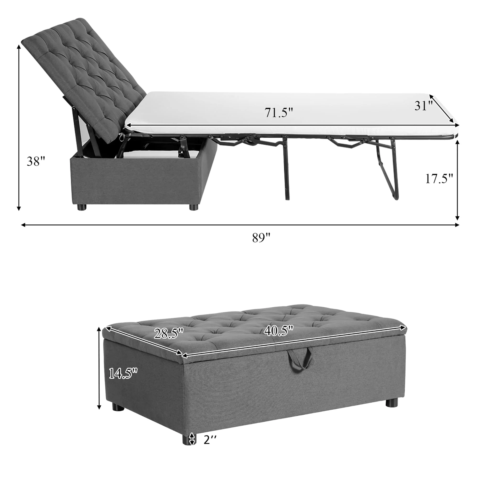 Costway Folding Ottoman Sleeper Bed with Mattress Convertible Guest Bed Grey - Image 4
