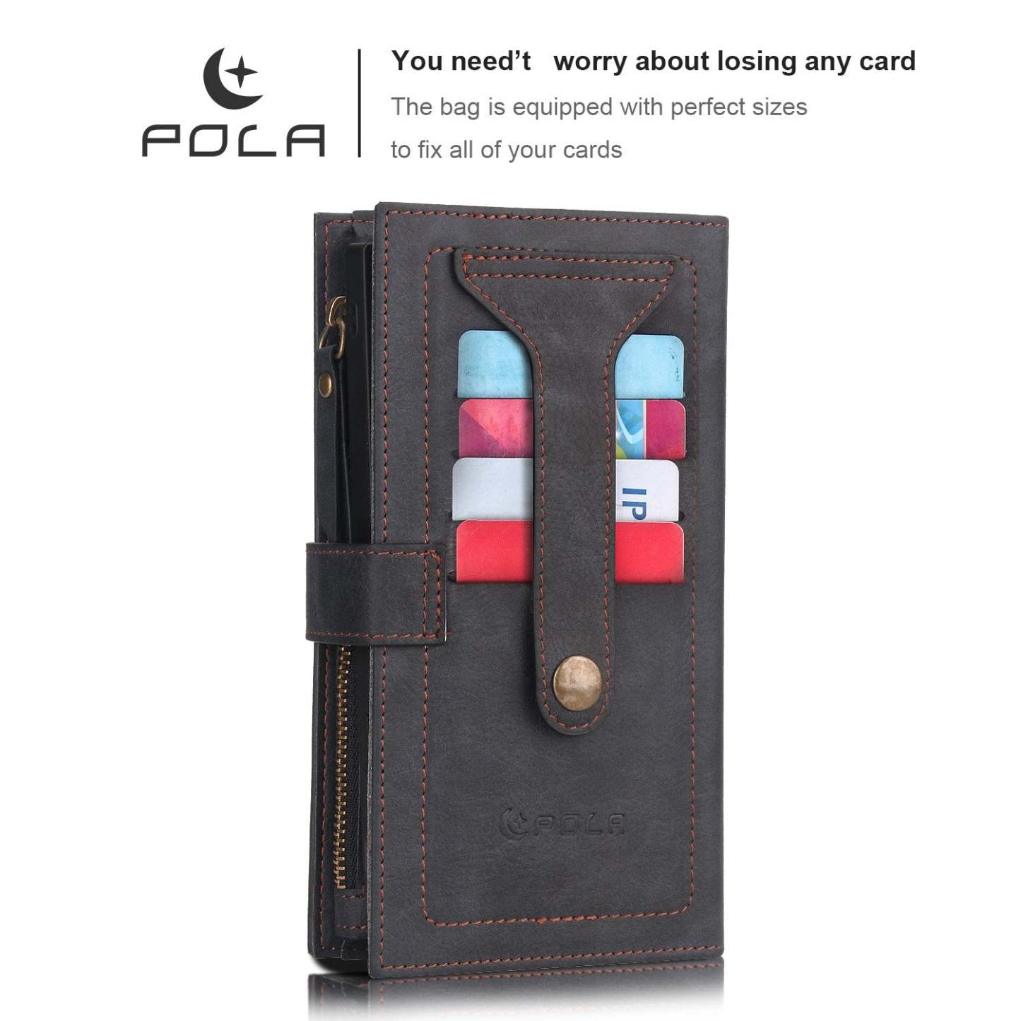 POLA Samsung Wallet Case , Leather Zipper Purse Detachable Magnetic 10 Card Slots Money Pocket Clutch Protection Back Cases Cover