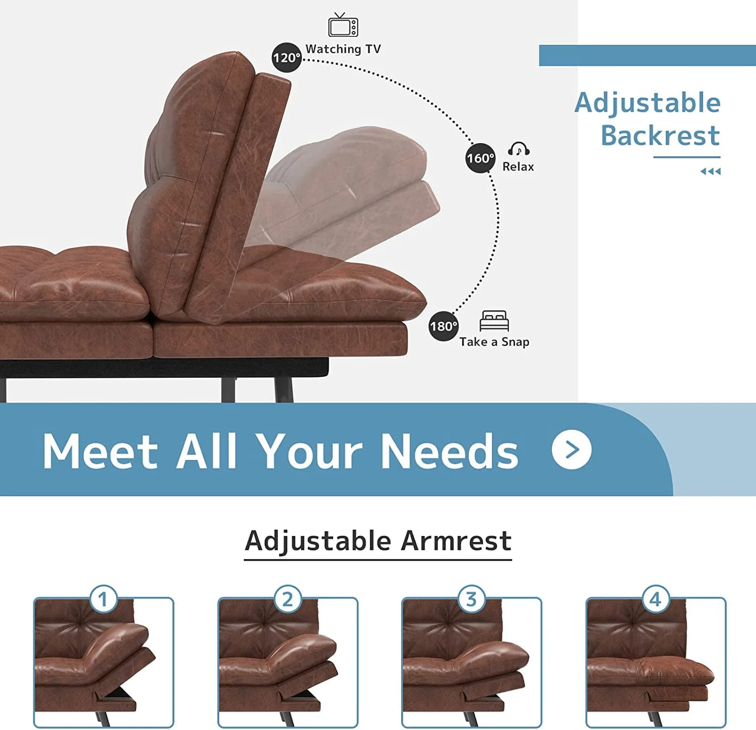 Convertible Futon Sofa Bed, Modern Sleeper Sofa, Brown - Image 4