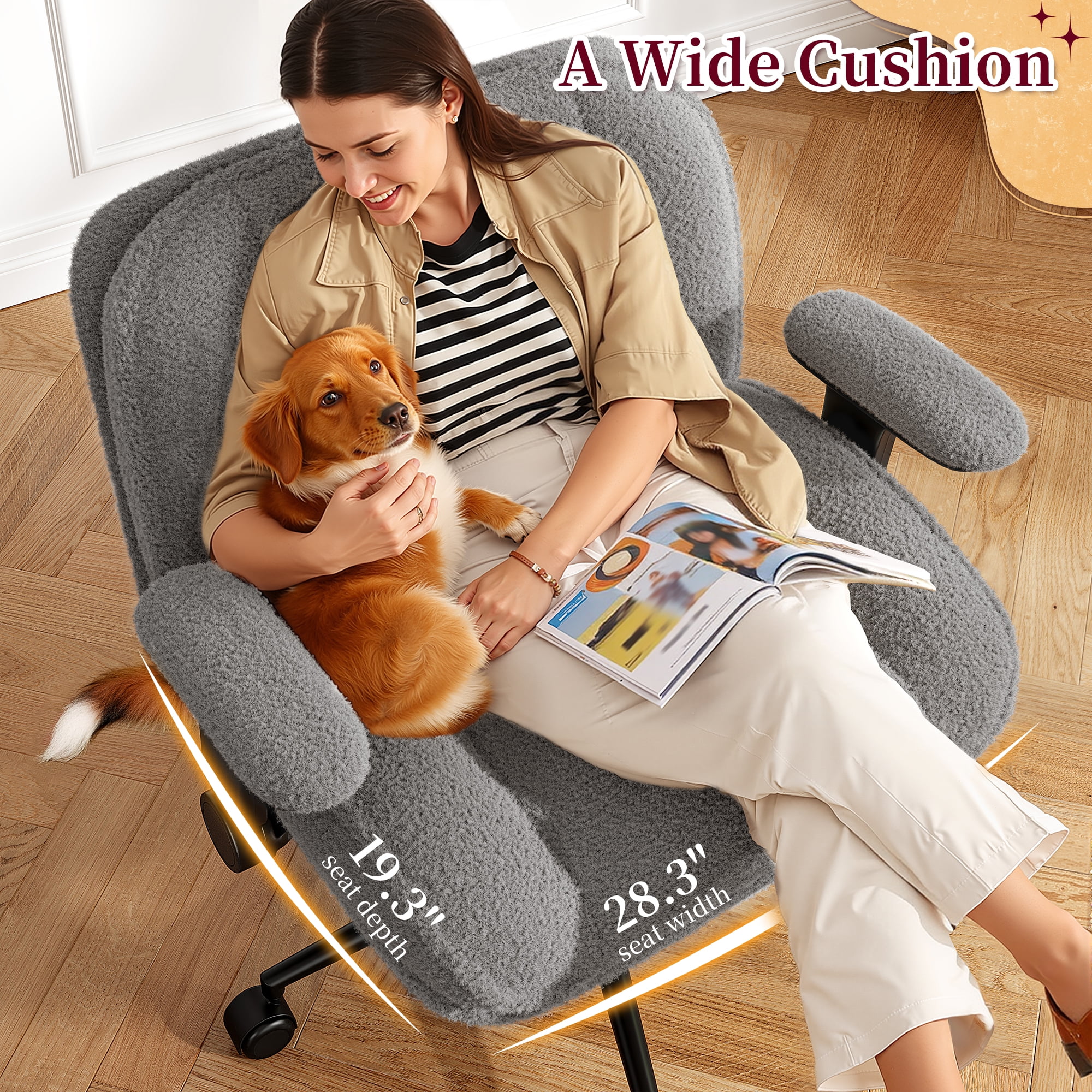 Romorgniz Criss Cross Chair with Adjustable Arms & Lumbar Support Office Chair with Reclining Back, Thick Cushion & Wheels for Office, Gaming, Reading, Vanity, Off-White - Image 14