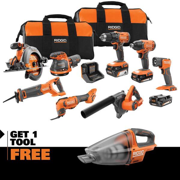 18V Cordless 8 - Tool Combo Kit with (3) Batteries, Charger, and Bag with 18V Hand Vacuum