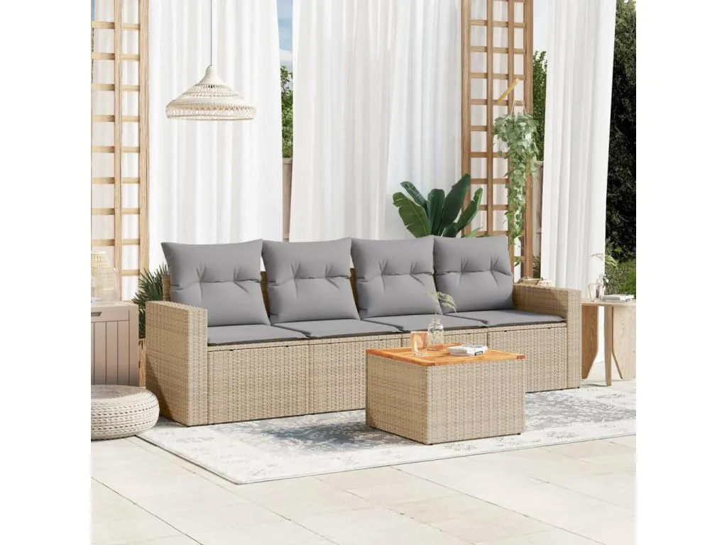 Juego de sofás jardín con cojines beige mezcla 5 pzas ratán PE