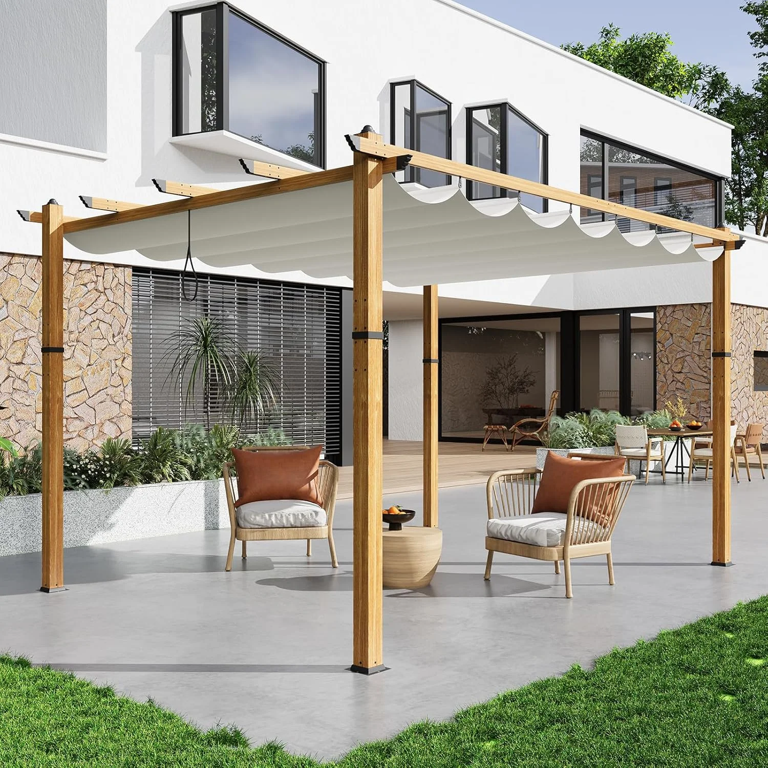 EastVita 10x10 Ft Aluminum Pergola,Outdoor Pergola with Adjustable Canopy,Reinforced Frame Metal Pergola for Backyard,Garden and Deck - Khaki - Image 29