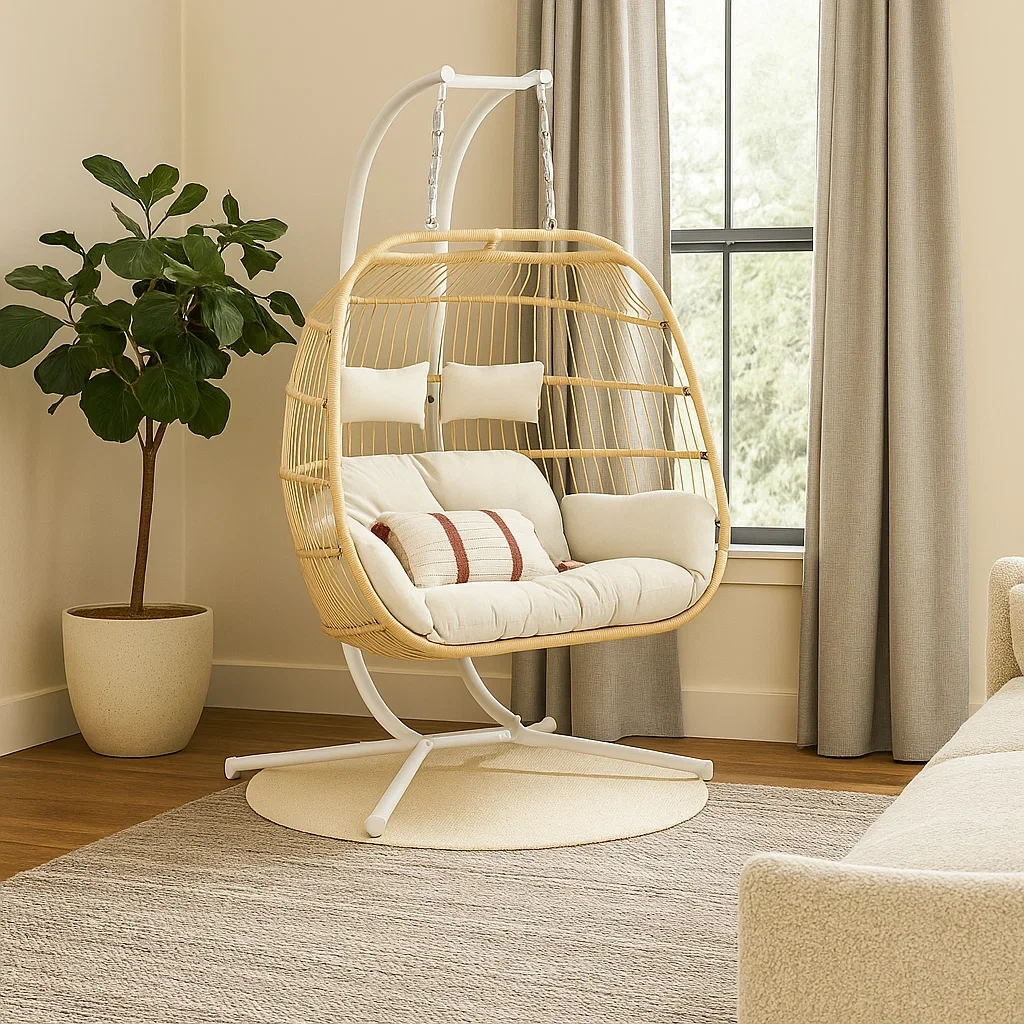 Sillón colgante de 2 plazas con estructura metálica, Resina trenzada natural, Cojines blancos - clZncyA251Km