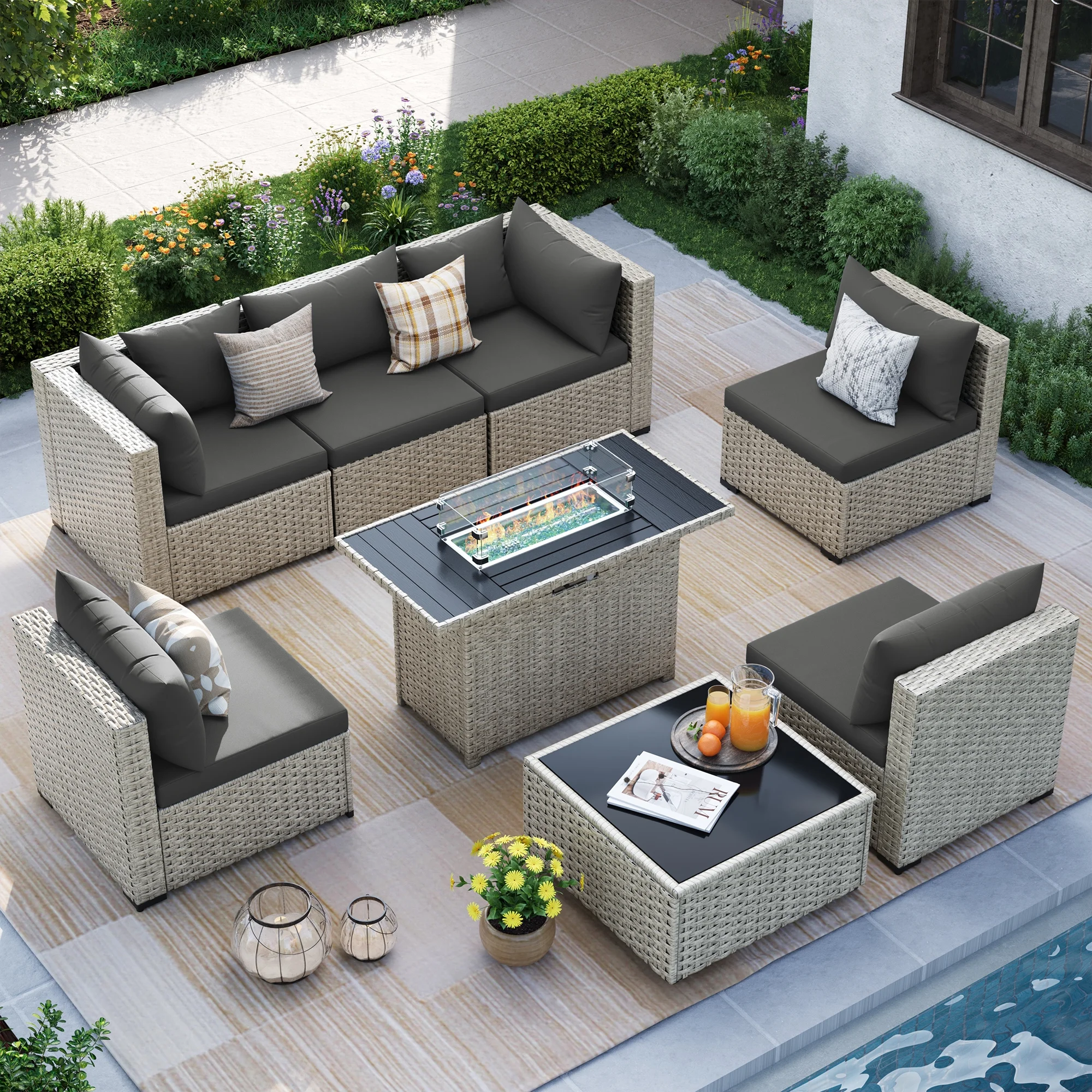 MRUAKA 8 Pieces Patio Furniture Set with Fire Pit Table, Outdoor Furniture Sectional Rattan Sofa with Slanted Back, Patio Couch with Glass Coffee Table for Backyard Garden (Dark Grey) - Image 10