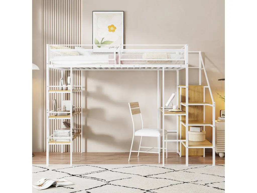 Cama entresuelo infantil 90x200cm Cama individual de hierro con escritorio 3 estantes escalera armario abierto y somieres - Blanco OXUV20605