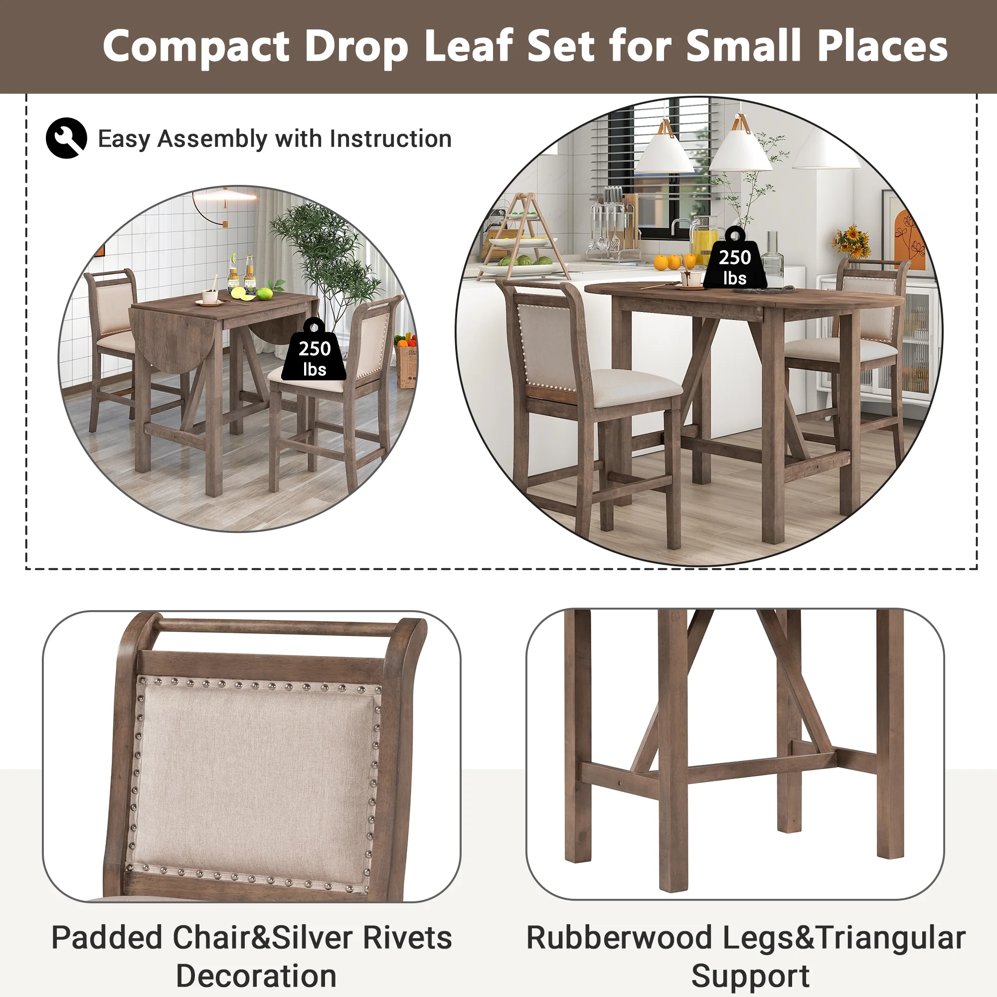 Harper & Bright Designs 3 Piece Wood Folding Dining Table Set Drop Leaf Table with 2 Padded Counter Height Dining Chairs for Small Place, Brown - Image 6