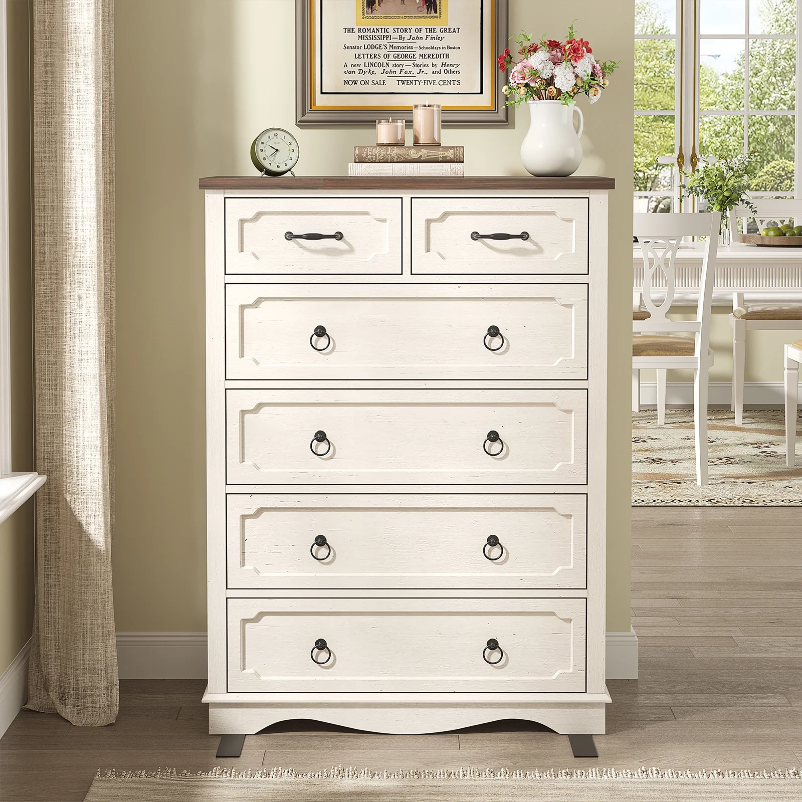 Vabches Farmhouse 6 Drawer Dresser, 43" Tall Chest of Drawers for Bedroom, Living Room, Hallway, Entryway, Antique White - Image 2
