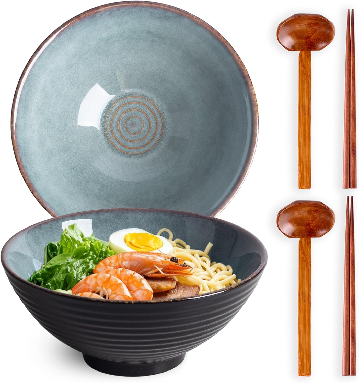 40oz Japanese Ceramic Ramen Bowl Set of 2 with Chopsticks and Spoons for Pho Udon Asian Soup Noodles (Jade Speck)
