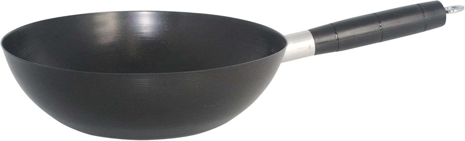 IMUSA Carbon Steel Nonstick Wok 9.5 in Flat Bottom Wok Pan for Electric Stove with Cool Touch Handle, Black Coating, Lightweight Steel Wok for Stir Fry and Fried Rice