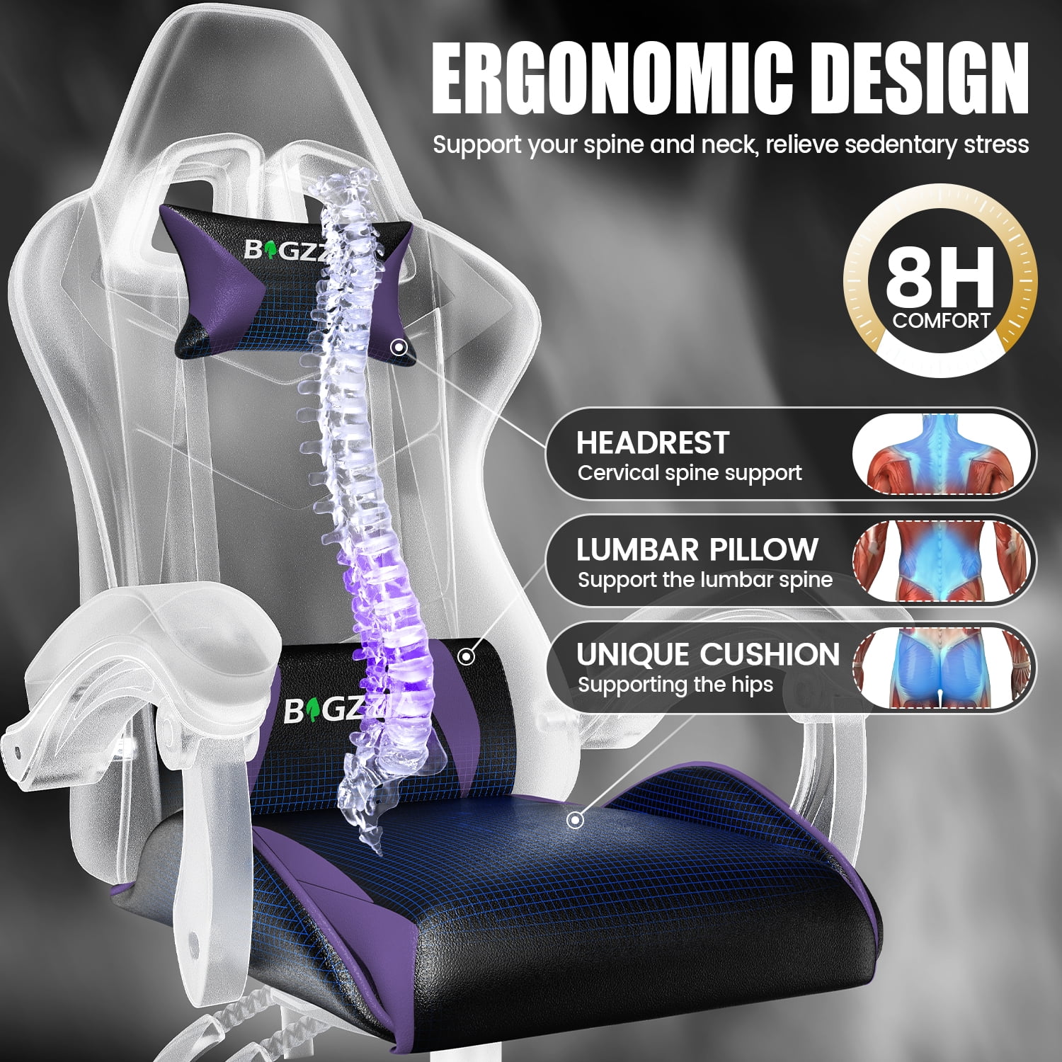 Bigzzia Gaming Chair Office Chair, Ergonomic Game Chair with Height Adjustable Headrest and Lumbar Support for Adults Teens, Black & White - Image 52