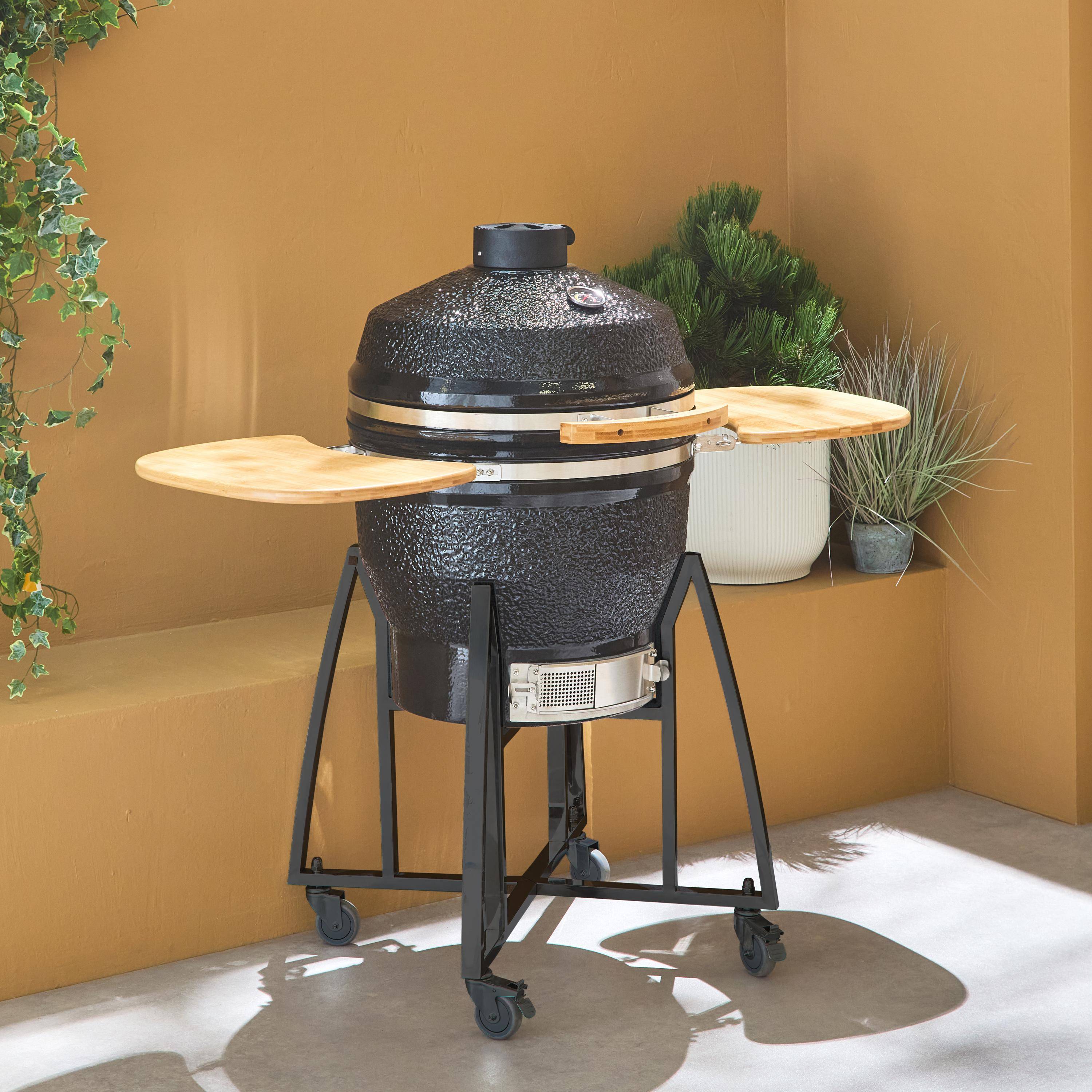 Kamado - Barbacoa de carbón, parrilla y ahumador, cerámica Ø57cm con ruedas, estantes y funda