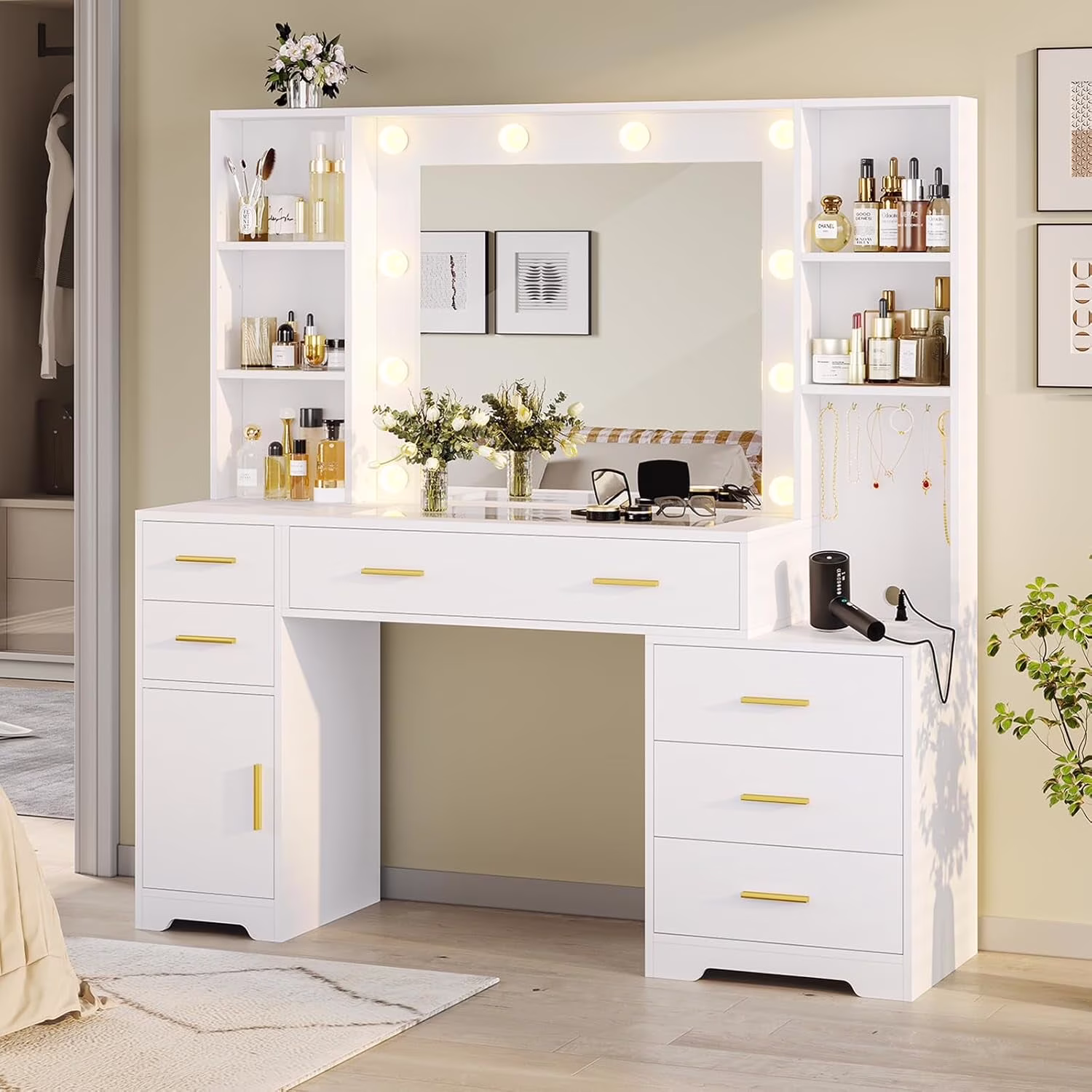 Aunfebrco White Vanity Desk Makeup Vanity Table with Mirror and Lights and Charging Station, Large Dressing Table with Storage Cabinet6 Drawers4 Storage Shelves for Bedroom(White)
