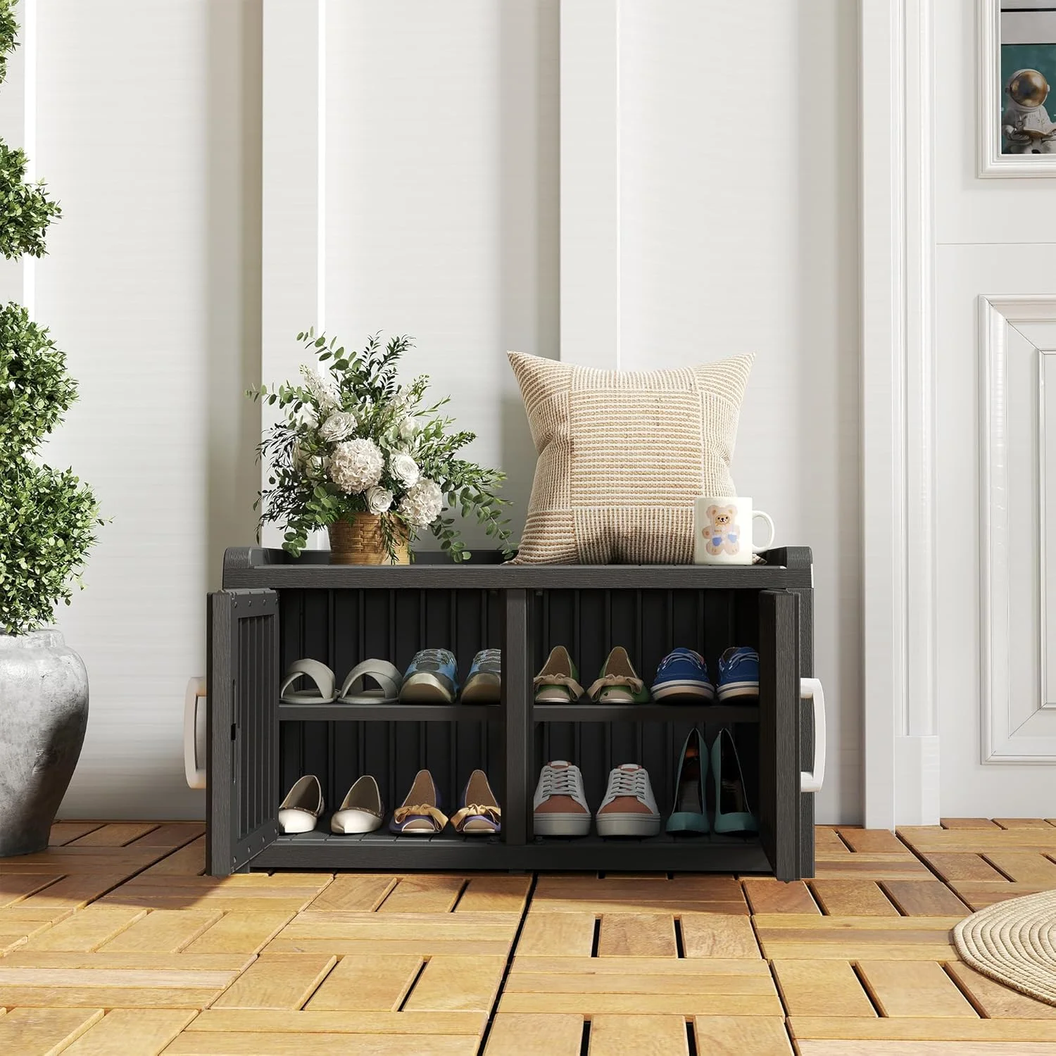 KAMABOKO Outdoor Shoe Storage Cabinet, Waterproof UV-Resistant Entryway Storage Bench Indoor Outdoor with 2 Barn Doors, Adjustable Shelves for Entryway, Bedroom, Hallway,Living Room(Black) - Image 2