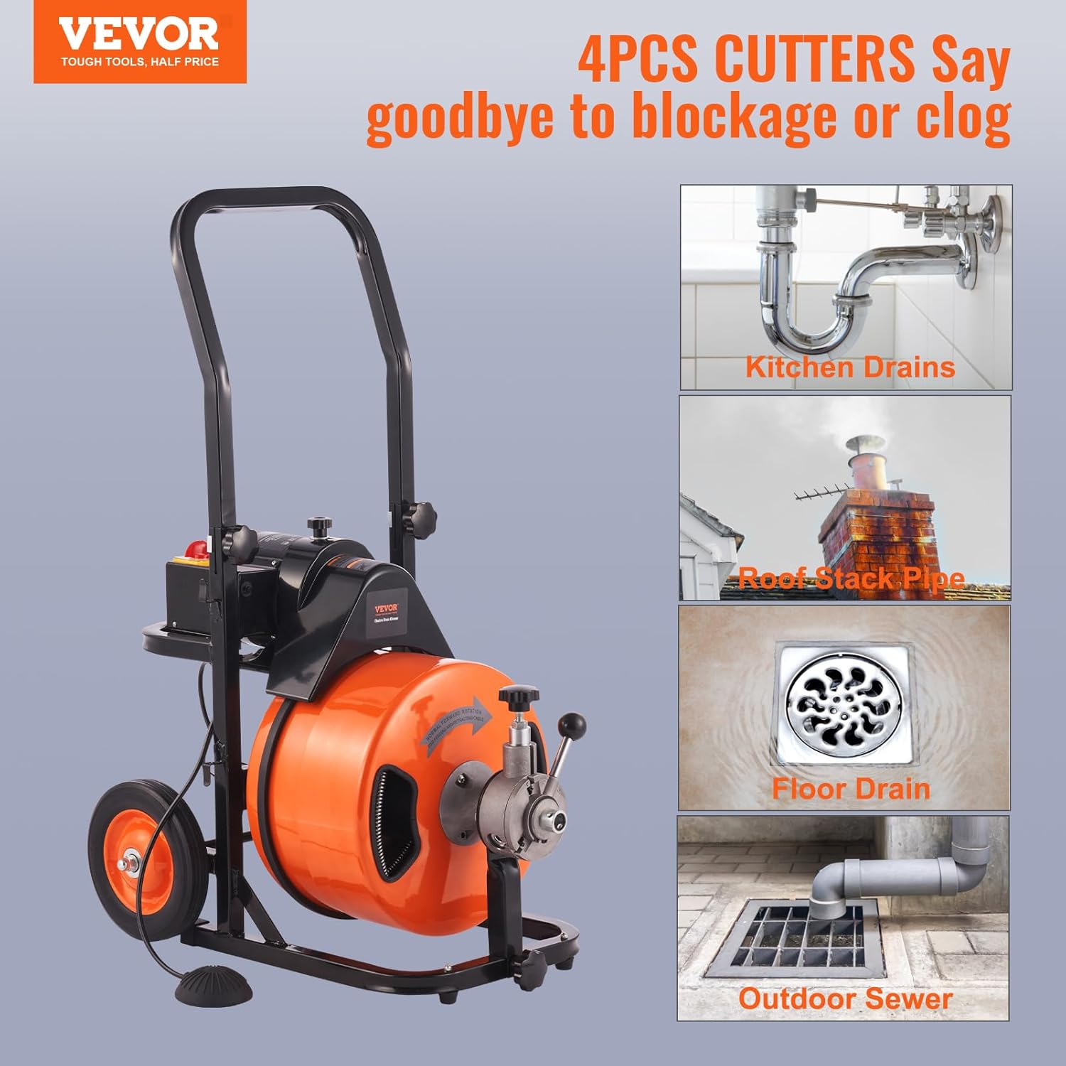 2025 Drain Cleaner Machine 100FT x 1/2Inch, Auto Feed Sewer Snake Auger with 4 Cutter & Air-activated Foot Switch for 1