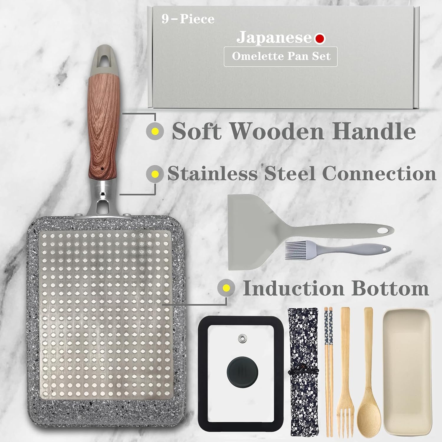 9Pcs Tamagoyaki Pan Set, Japanese Omelette Pan Nonstick with Lid, Square Japanese Egg Skillet Rectangle 7