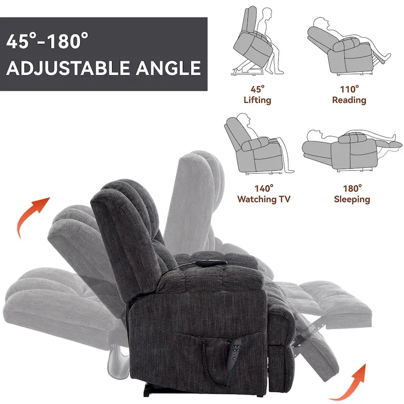 Grey Oversized Chenille Power Lift Recliner with Massage, Heating, and Flat Lay Feature