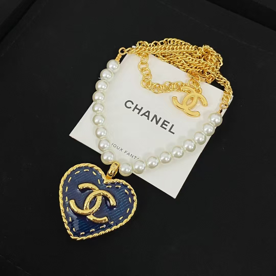 Chanel Denim Heart Double C Pendant Pearl Necklace - Original Replica Club