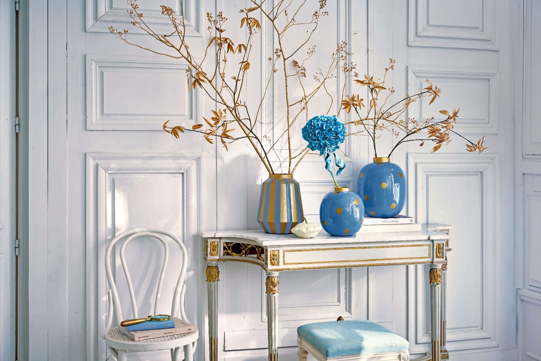 Vase Metal Stripes Light Blue/Gold 29cm