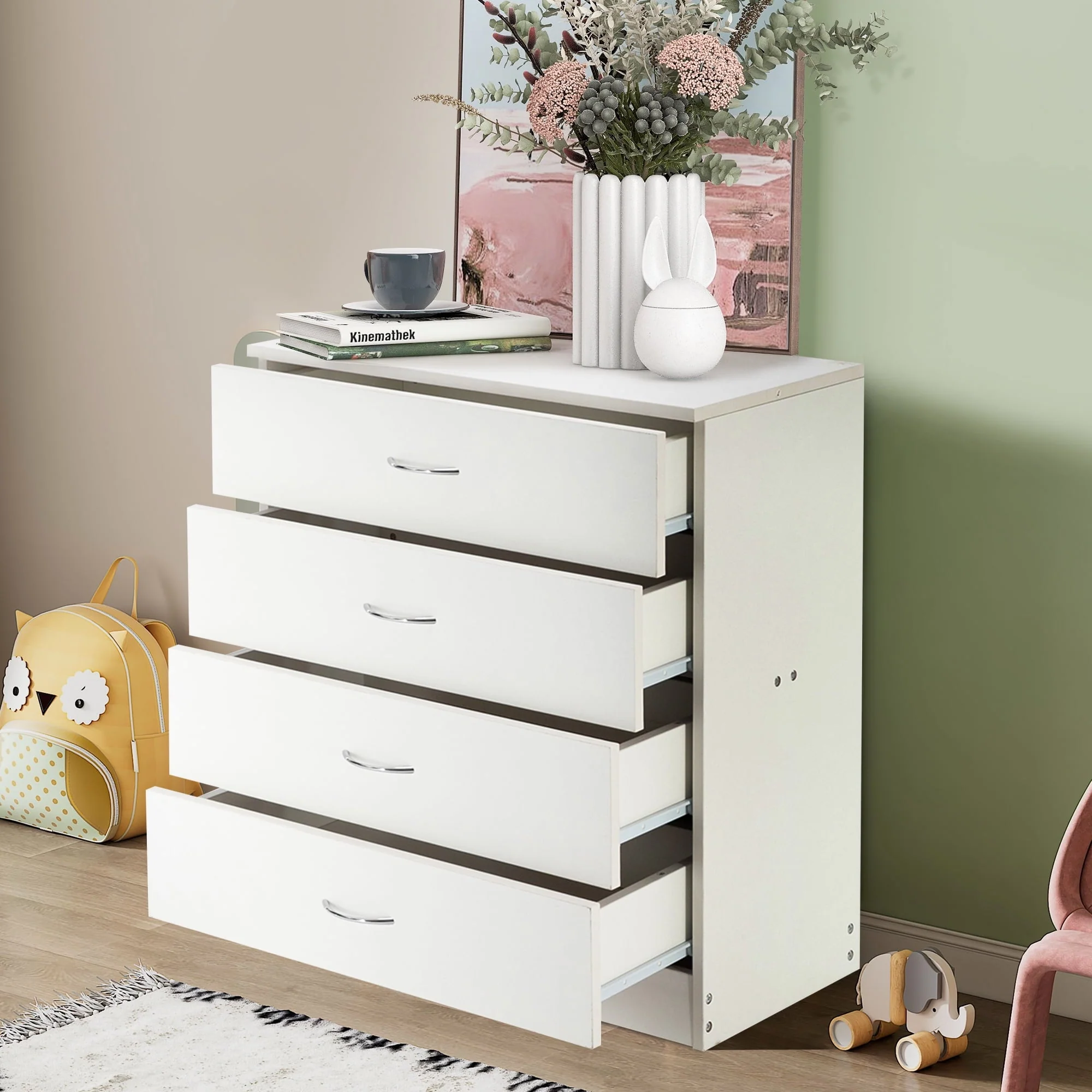 BTMWAY 4 Drawers Chest of Drawers, Wooden Chest of Drawers Storage Cabinet, Heavy Duty Wood Dresser Chest Cabinet for Bedroom, 25.98'' x 14'' x 22.05'', White - Image 5