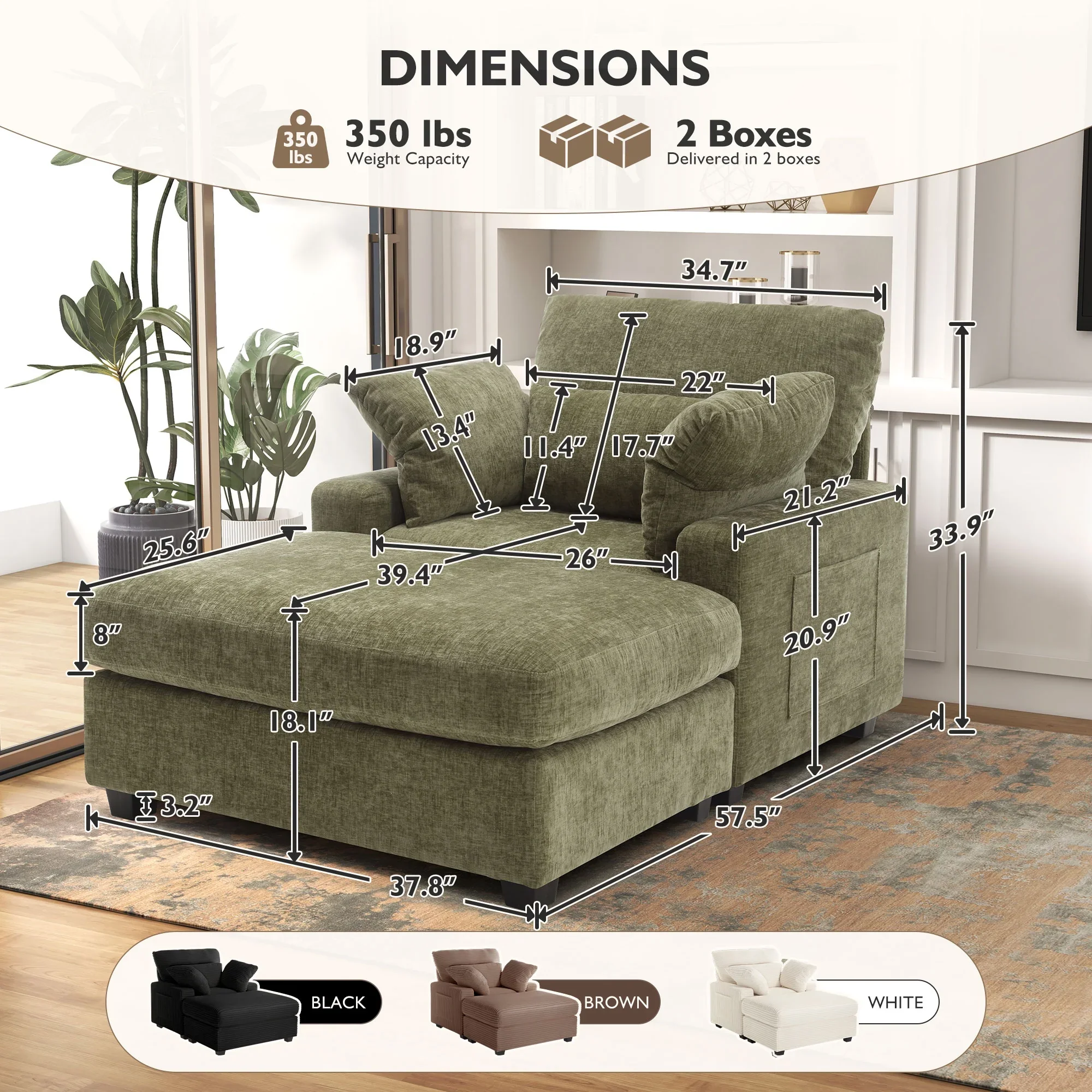 BedLuxury Oversized Accent Chair with Ottoman for Living Room, Single Sleeper Sofa Armchair with 3 Pillows, Lounge Sofa Bed, Green