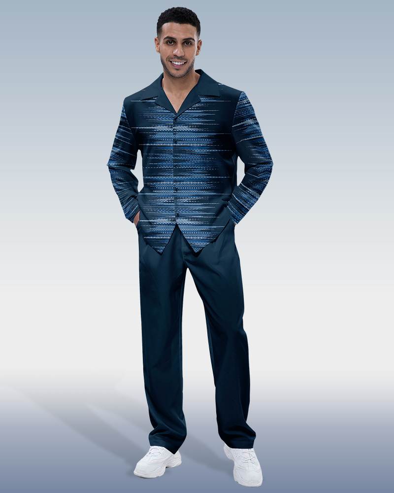 Suitmens Men's Navy Blue Gradient Print Long Sleeve Walking Suit 189