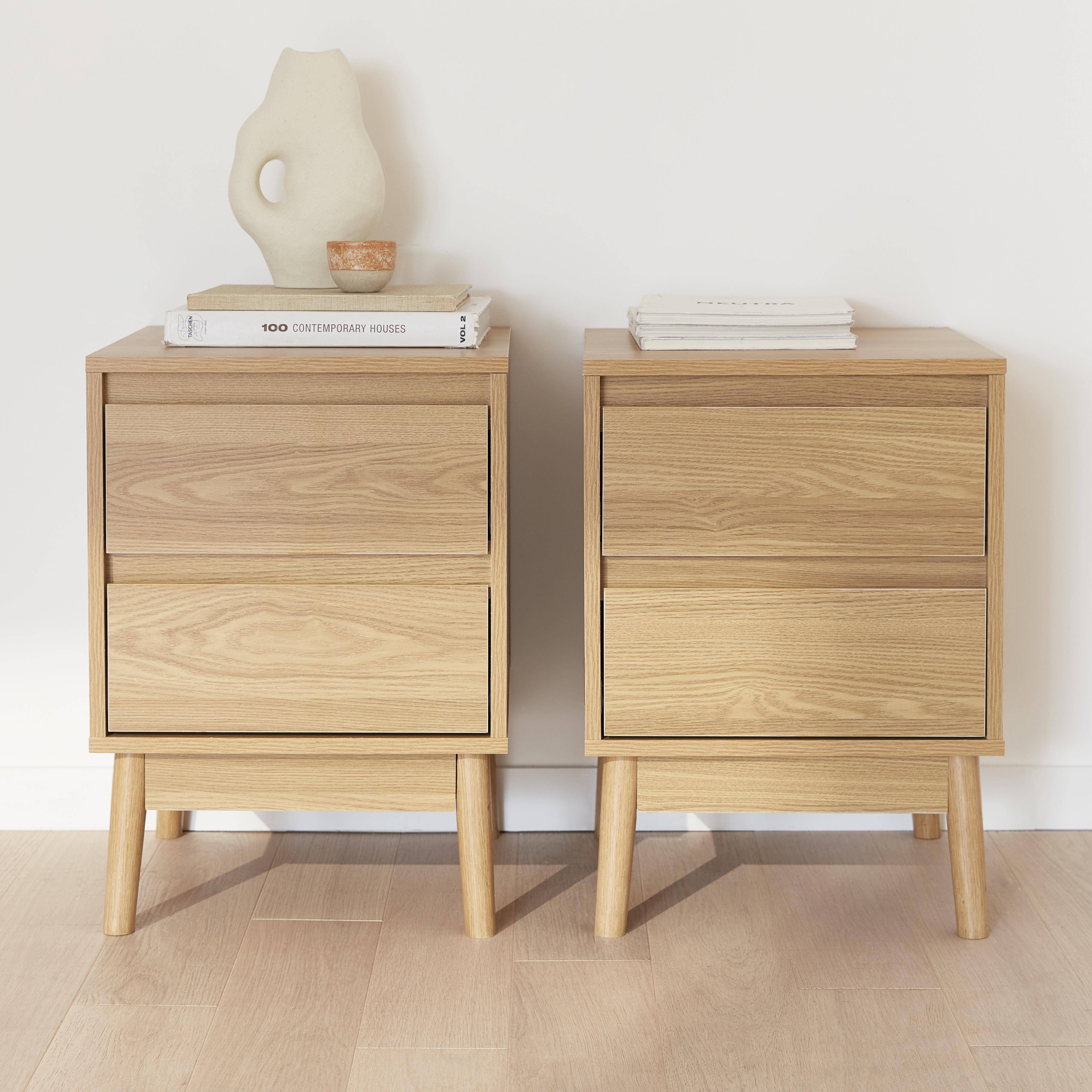 Dune - Mesita de noche efecto madera con 2 cajones, set de 2