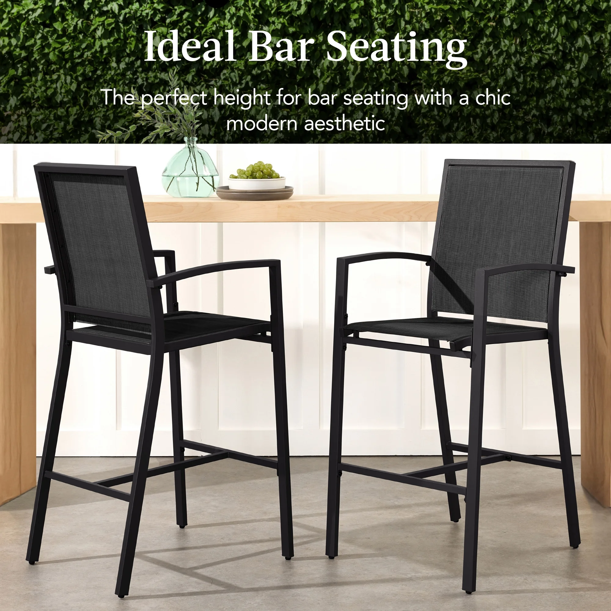 Best Choice Products Outdoor Barstools Set of 2, Bar Height Patio Chairs w/ All-Weather Mesh - Black/Black - Image 6
