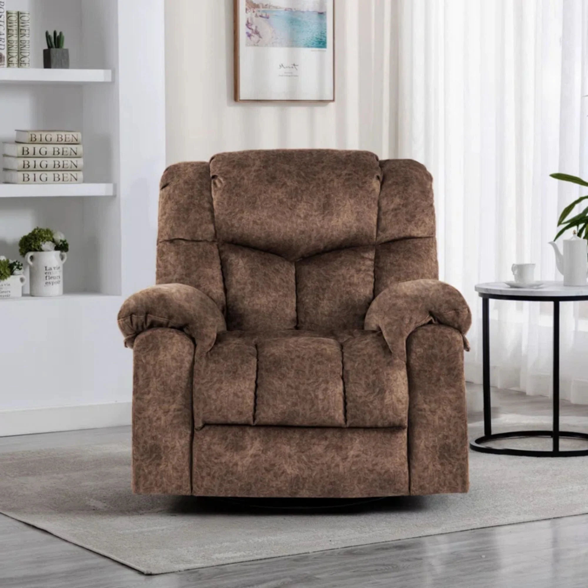 Colerline 35.43" Wide Modern Velvet Upholstered Heating & Massage Swivel Reclining Rocker Chair with Hidden Cupholders for Living Room and Bedroom, Brown - Image 4