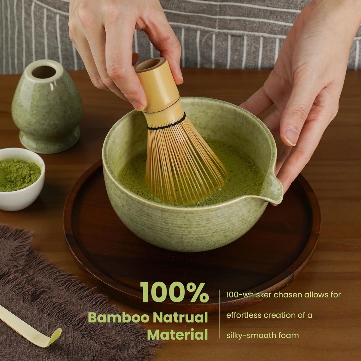 Matcha Whisk Set, Ceramic Bowl Matcha Kit & Handcrafted Bamboo Chasen, Complete 5 Pcs Matcha Set Whisk and Bowl, Stainless Steel Sifter, Bamboo Scoop & Holder for Matcha Lovers
