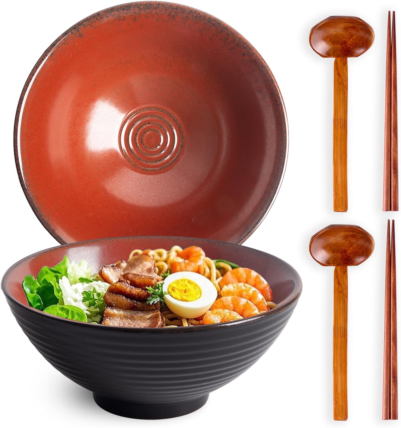 40oz Japanese Ceramic Ramen Bowl Set of 2 with Chopsticks and Spoons for Pho Udon Asian Soup Noodles (Red)