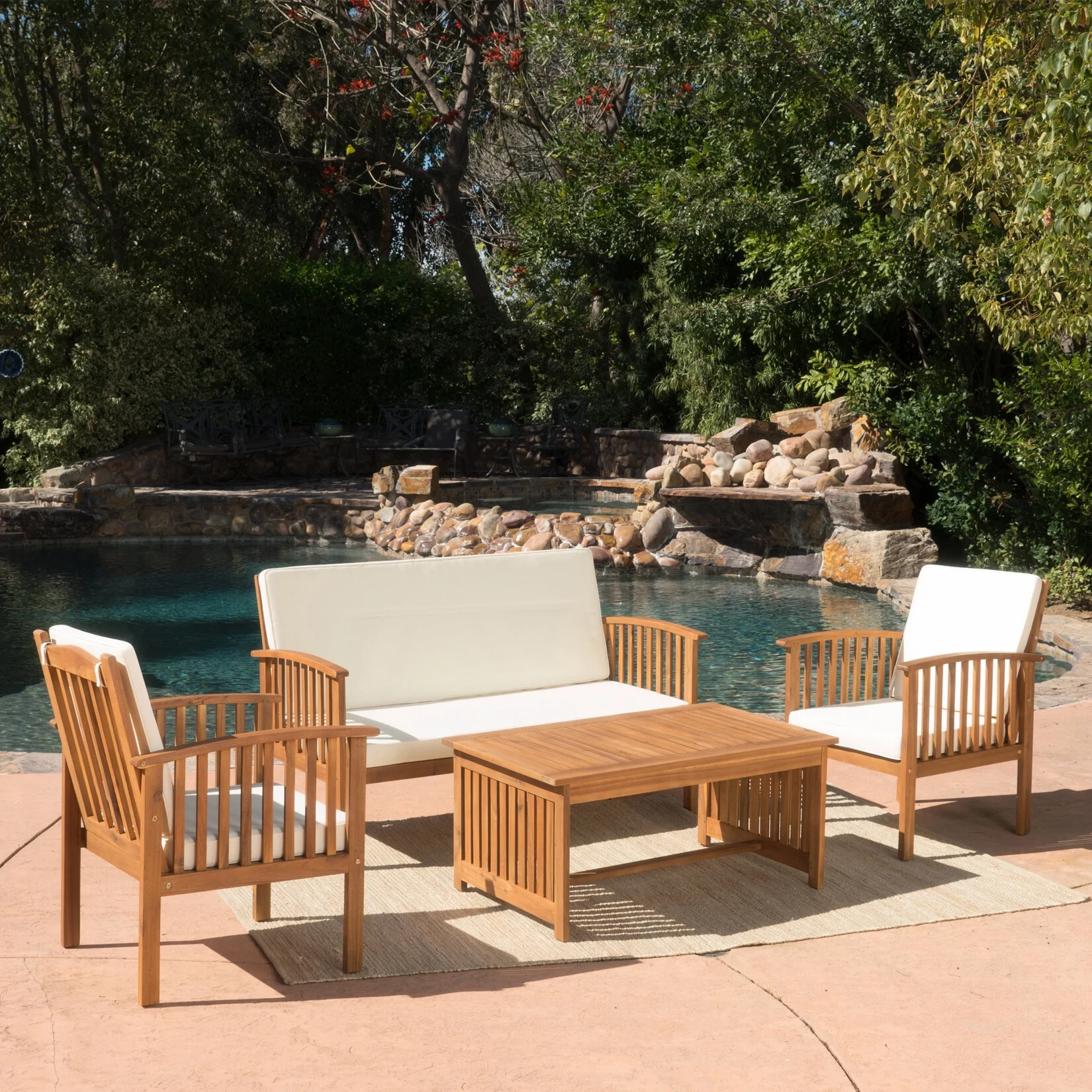 4 Pieces Patio Furniture Set, Balcony Bistro Set, Wood Outdoor Seating Set with Water Resistant Cushions and Coffee Table for Pool Beach Backyard Balcony Garden, Brown - Image 5