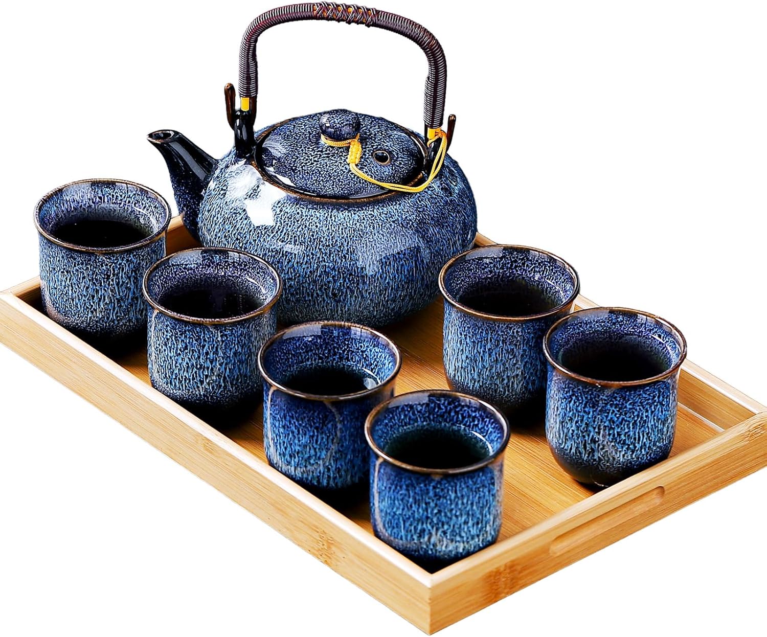 Traditional Japanese tea set, Kiln altered glaze Porcelain tea set with 1 Teapot, 6 Tea cups, 1 Tea Tray,Japanese teapot set, Asian tea sets (Kiln altered-Green)