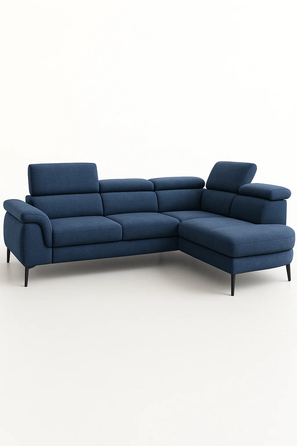 Sofá rinconero de tela azul con chaise longue derecha y reposacabezas ajustables