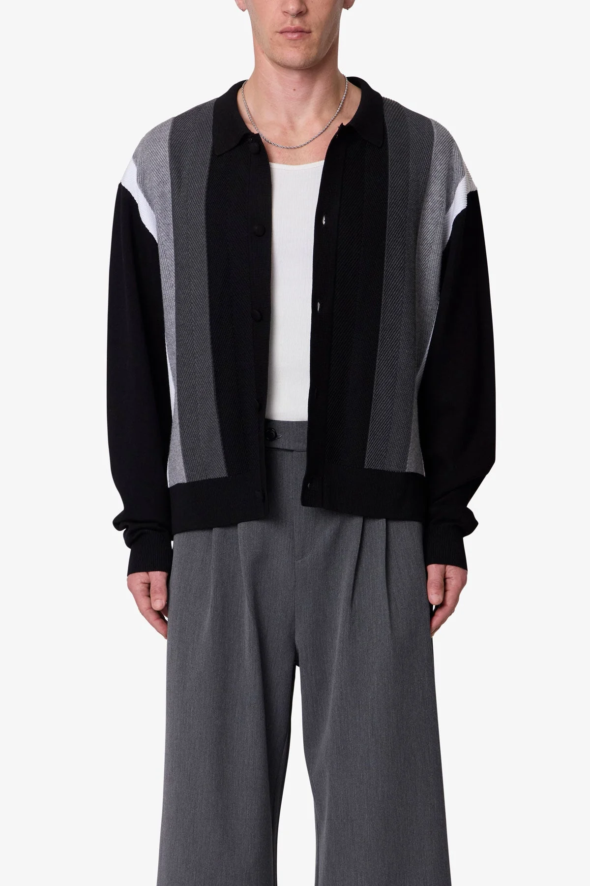 Striped Collared Cardigan Sweater - Black
