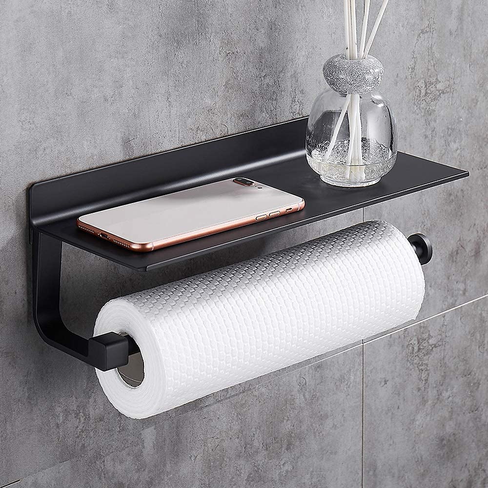 XIVADA Keukenrolhouder Julia - Met wandplank - Zelfklevend - Zwart