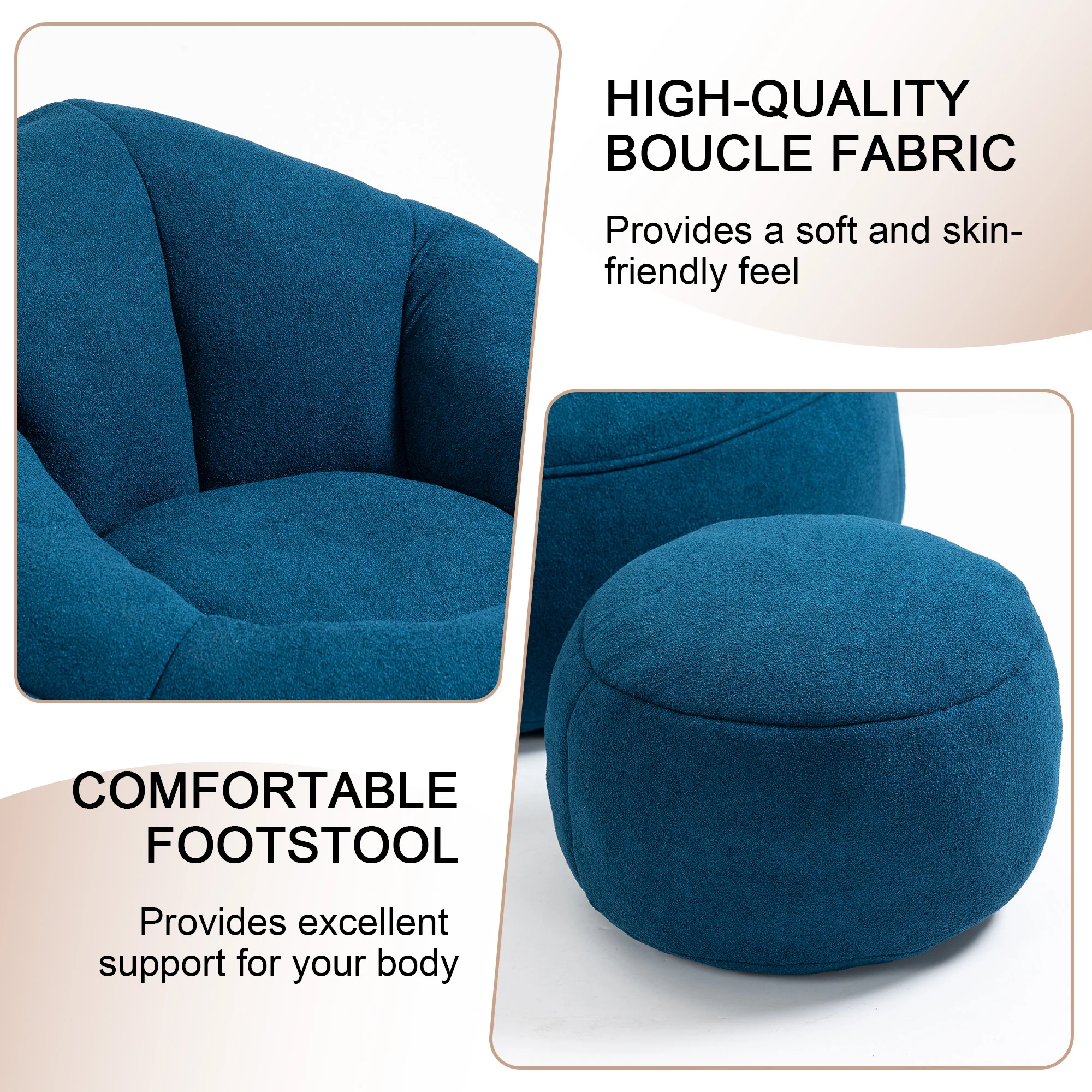MOONMISS Microfiber Upholstered High Pressure Foam Round Lazy Bean Bag Sofa Chair with Ottoman-Gray - Image 36