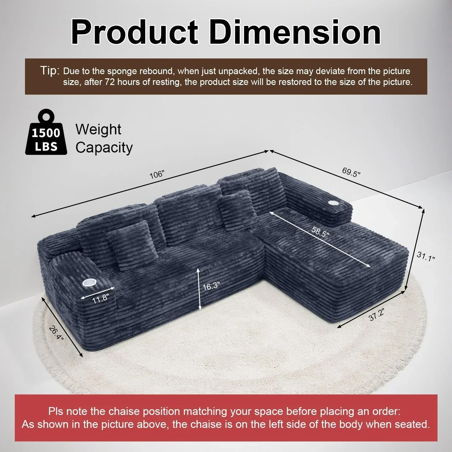 Cloud section sofa with L-shaped recliner modern modular sofa built-in cup holder